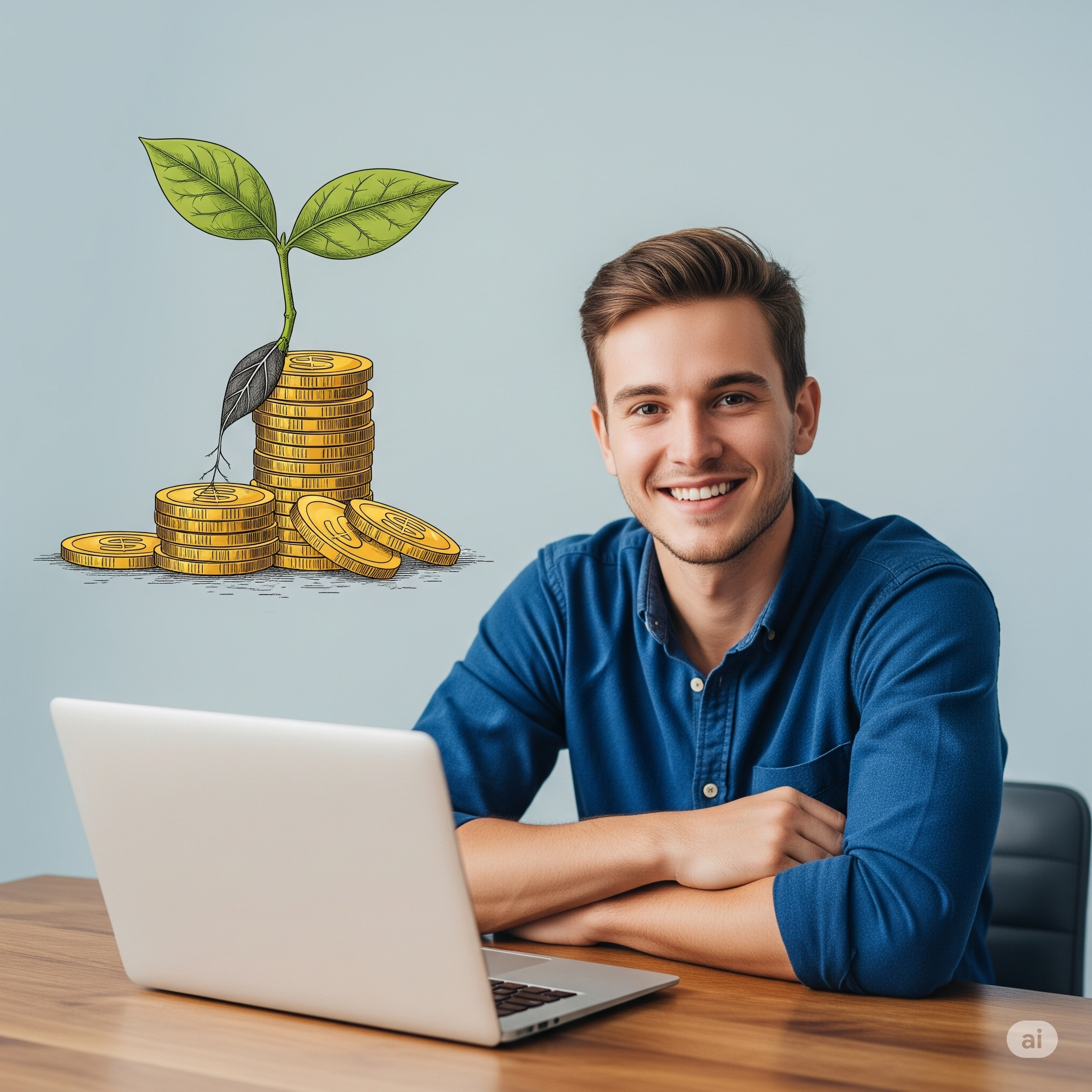 Młody mężczyzna przy laptopie z wizualizacją wzrostu finansowego